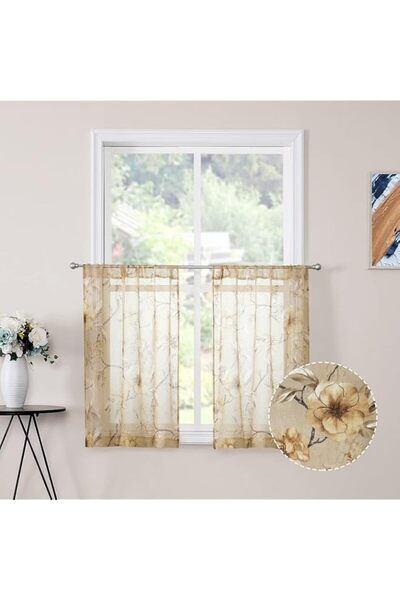 Generic Brand Tollpiz Short Sheer Tier Curtain Beige Flower Leaf Printed Flor...