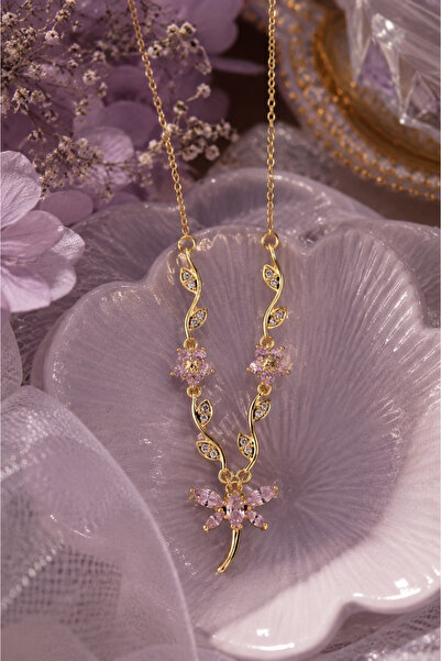 Sylvera Shop V Model Luxury Steel Necklace with Pink Stone, Ivy and Dragonfly...