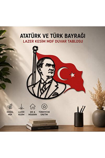 Atatürk ve Türk Bayrağı – Lazer Kesim MDF Duvar Tablosu