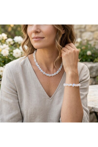 Hedea Moonstone Real Natural Stone Women's Necklace and Bracelet Set Transpar...