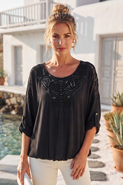 Chiccy Italian Black Lace Collar 3/4 Sleeve Lined Elastic Waist Sequined Silk...