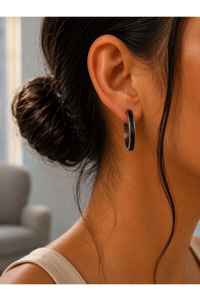 MARE BUTİK Silver Color Modern Hoop Earrings with Black Detail