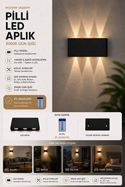 SerBugo SBL-PA PİLLİ 3000K Led Aplik Aydınlatma Çift Taraflı Led Dekoratif Du...
