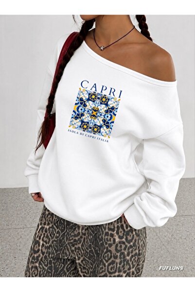 FUFLUNS Capri Printed Oversized Women's Boat Neck Sweatshirt