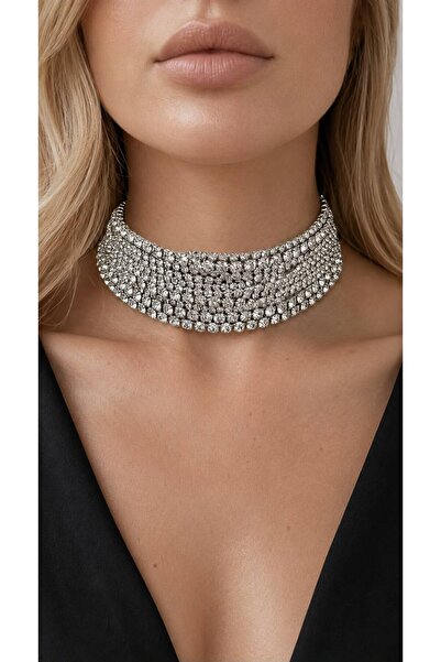 Valmont Kadın Gümüş Renk Taşlı Choker Kolye – Işıltılı Kristal Taşlı Gösteriş...