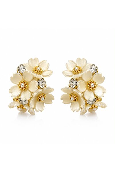 POSEİDONS JEWELLERY Gold Flower & Pearl Detailed Statement Earrings with Crys...