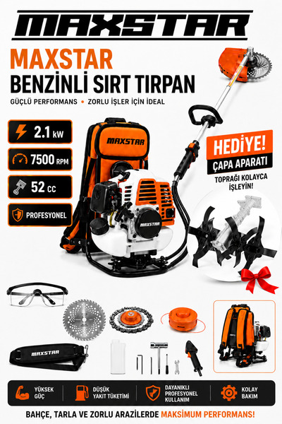 Maxstar 52 CC Benzinli Sırt Tırpan | Çapa Aparatı Hediyeli | Ot Çalı Çim Biçm...