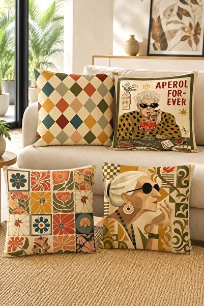 EVPANYA Retro Life Patterned 4-Piece Throw Pillow Cover Set