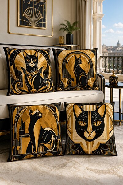 EVPANYA Egyptian Cat Patterned 4-Piece Throw Pillow Cover Set