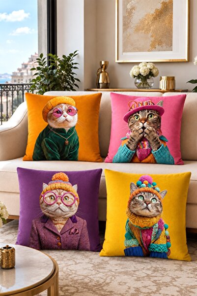 EVPANYA Cat Patterned 4-Piece Throw Pillow Cover Set with Clothes