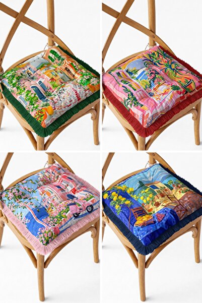 IdeCraft Colorful Mediterranean Town Patterned 4-Piece Fringed Puffy Chair Cu...