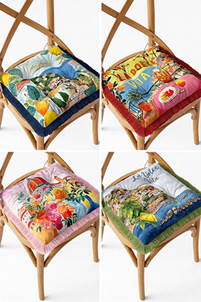 IdeCraft Italy Capri and Florence Patterned Fringed Lace-Up Puffy Chair Cushi...