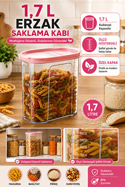 Hane Dostu 1,7 Litre Şeffaf Erzak Saklama Kabı Ölçekli Özel Kapaklı Kuru Gıda...