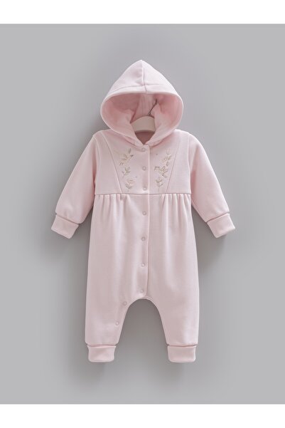 Caramell Baby Girl Romper with Hood, Floral Embroidery, 3 Yarns, Non-Threaded...