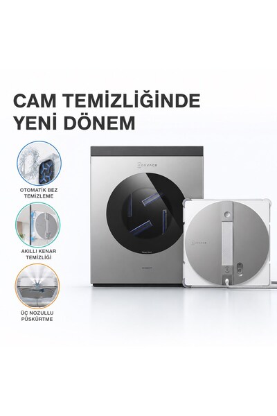 Ecovacs Çok İşlevli İstasyonlu Cam Silme Robotu, 1 Dakikada Temassız Bez Yıka...