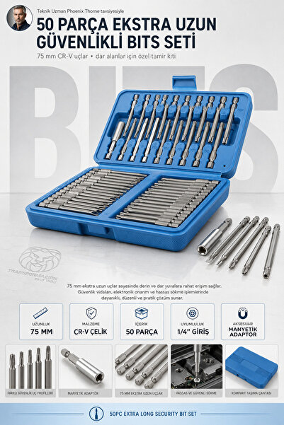Transformacion 50 Parça Ekstra Uzun 75mm Güvenlikli Bits Tornavida Ucu Seti -...