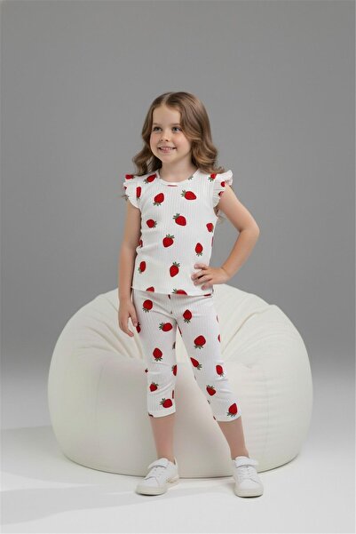 LUFFY KİDS Corduroy Strawberry Printed Girls' T-Shirt and Capri Set - 6656