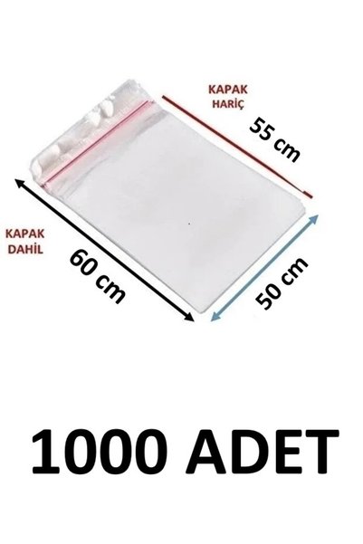 MTKardeşler 1000 Pieces 50 X 55+5 cm Adhesive Transparent Glossy Opp Bags 50X...