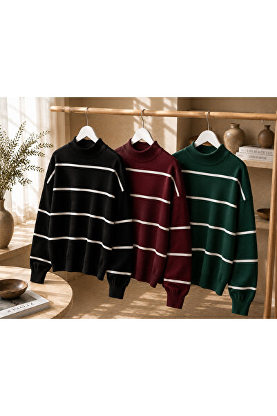 DepoExport Women's 3-Piece Striped Knitwear Sweater Oversize Loose Design