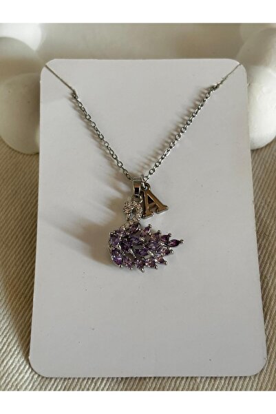 bijoux uniques Mor zirkon taşlı kuğu model A harfli 316L çelik kolye