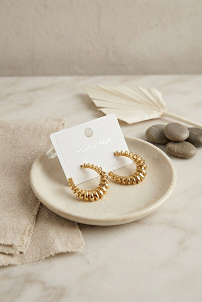 Marsilyan 316L Steel Gold Color Serrated Hoop Model Earrings Tj-Bkp12019 Ilke...