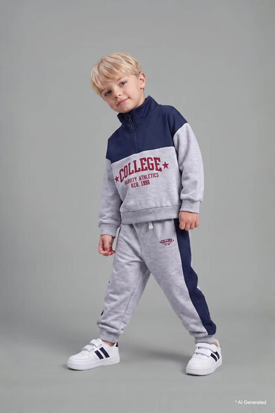 DeFacto Printed Gray - Navy Blue Baby Boy Top and Bottom Set I0147A5/Gr400