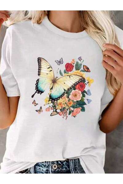 k222 Butterfly Floral Print Crew Neck T-Shirt, Casual Short Sleeve Top For Sp...