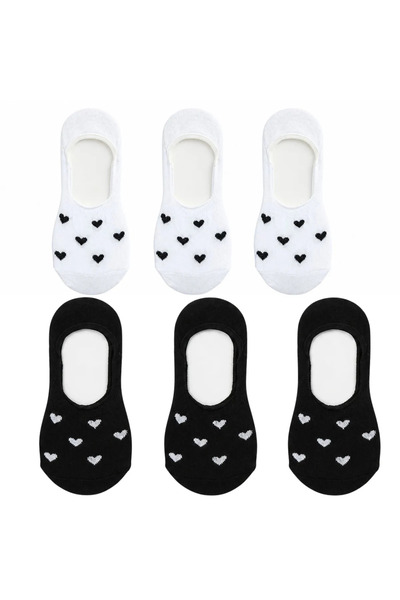 Berselya Underwear&Accessories Kadın Kalp Desenli Görünmez Ekonomik Babet Çorabı 6’lı Paket – Siyah, Beyaz ve Karışık Renk Kaymaz T