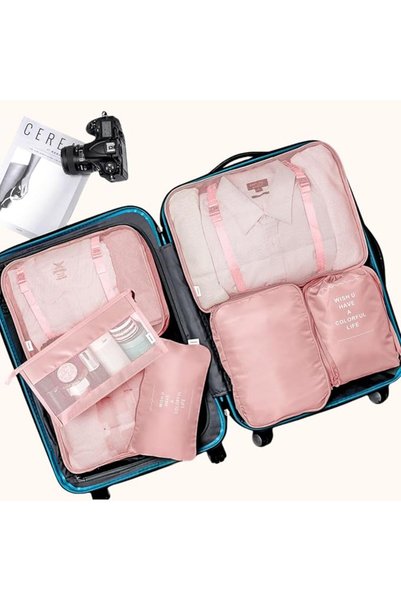 GENERAL Set of 7 Travel Luggage Organizer Bags with Vanity Case by Vagrih (Pink), Nylon, Pink