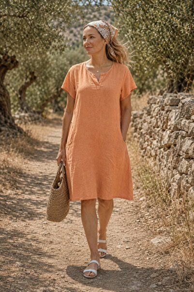 HÇ Hülya Çelik KİDSWEAR 2018 Women's 100% Cotton V-Neck Relaxed Fit Dress