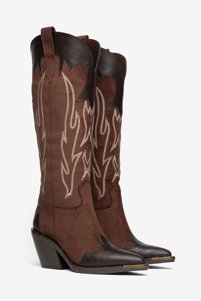DENORA Brown Matte Suede Embroidery Detail Western Cowboy Boots