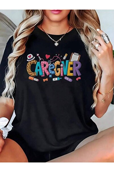 23ERVA قميص ممرضات نسائي بخلفية سوداء مع رسومات CAREGIVER، قميص تمريض ثقيل ال...