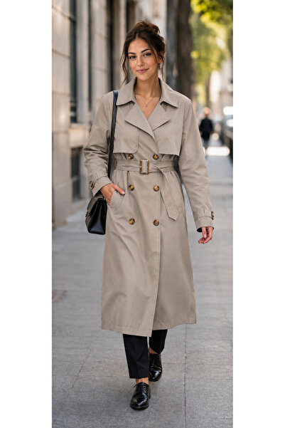 ACELYA Women's Long Trench Coat Buttoned Lined Belted Waterproof Oversize Cut