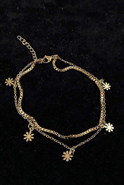 X-Lady Accessories Altın Renk Papatya Model Asansör Ve Sf Zincir Çelik Halhal - 3239