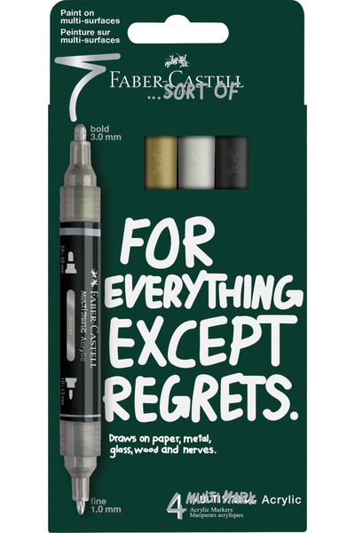 Faber Castell Blister 4 markere acrilice multimark culori negru-alb-gri-auriu...