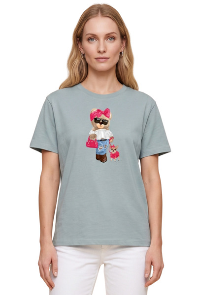 DK DAKSEL Women's Mint Bowknot Teddy Bear and Dog Printed T-Shirt 100% Cotton...