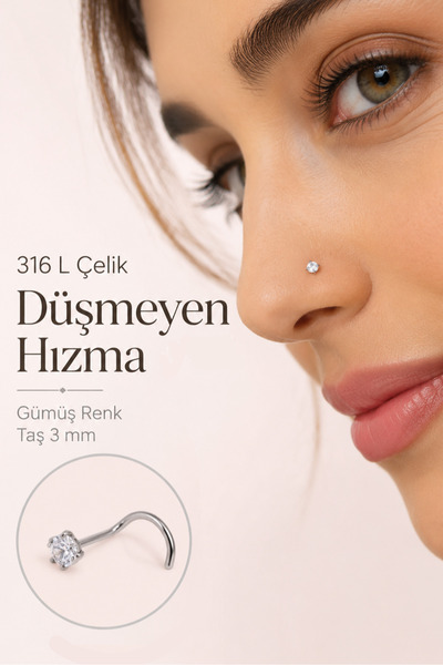 Sacce Scarves&Accessories 3'lü 316L Çelik Burun Hızması Seti 3 mm Zirkon Taşlı Düz L Kıvrımlı