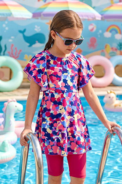 Haliç Mayo Flounce Detail on the Sleeves, Top and Bottom Two-Piece Girls' Swi...
