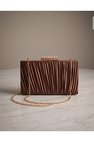 ZEYYMODA Taşlı Kahverengi Pilse Desenli Abiye Çanta Pile Desen Abiye Çanta ve Clutch Portföy El Gece Düğün Nişan Abiye Çantası
