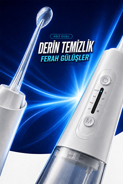 mimtec Şarjlı Ağız Duşu - 320ml Su Hazneli 5 Başlık 4 Çalışma Modlu Su Geçirmez Ağız Diş Dil Temizleyici Beyaz