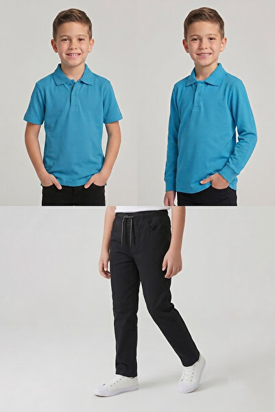 nacar çarşı Boys' School Turquoise Long and Short Sleeve Polo Collar T-Shirt ...