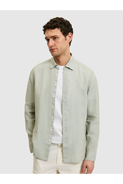 Cacharel Laurel Green Regular Fit 100% Linen Shirt with Bottom Buttoned Colla...