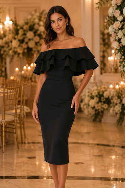 WOMAN VISION Women's Black Off-The-Shoulder Flounce Pencil Cut Midi Evening D...