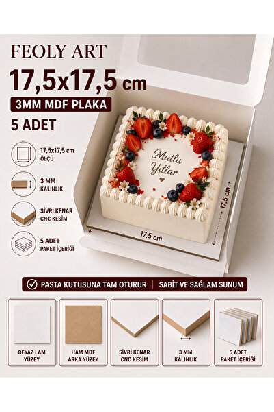 Feoly Art 17,5x17,5 cm 3mm MDF Pasta Altlığı 5 Adet - Beyaz Lam Kaplamalı