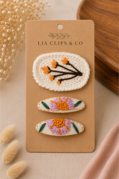 LİA CLİPS CO Handmade Floral Embroidered Children's Hair Clips Set of 3