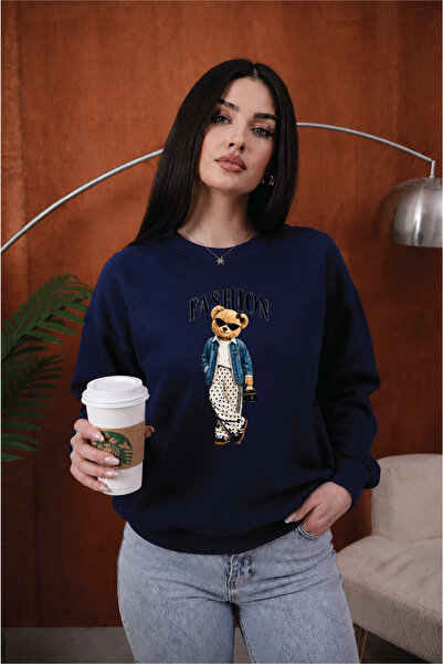 ESADE Kadın Fashion Bear Manken Ayı Grafik Baskılı Rahat Kalıp Bisiklet Yaka ...