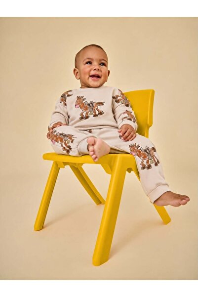 Magu Children's Patterned Beige School Sweatshirt and Sweatpants Set