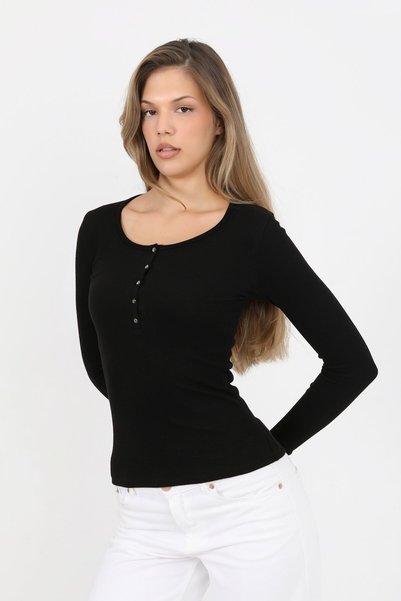 HDM Women's Black Long Sleeve Ribbed Buttoned Basic Knitted Blouse - H6162