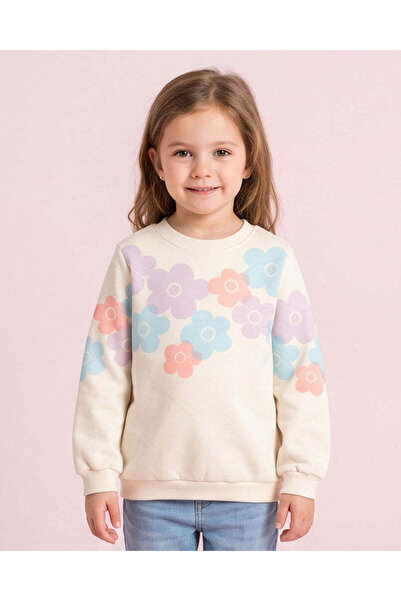 REDTAG Girls Cream Floral Printed Crew Neck Sweatshirt