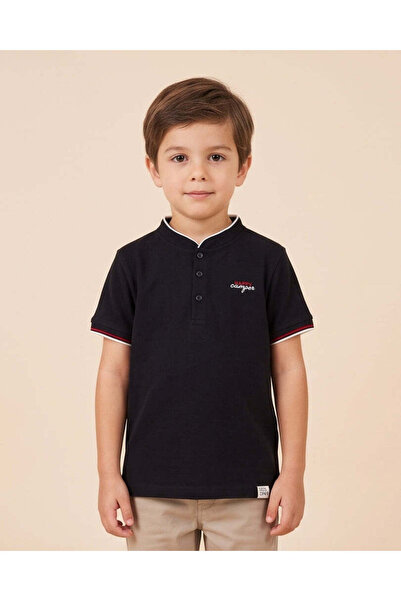 REDTAG Boys Black Embroidered Logo Mandarin Collar Polo Shirt